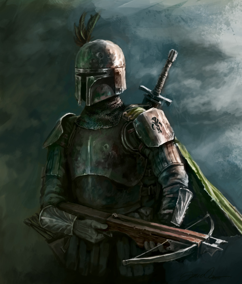 1boy adapted_costume armor boba_fett bow_(weapon) breastplate cape commentary crossbow english_commentary green_cape helmet highres male_focus medieval odobenus pauldrons shoulder_armor solo star_wars sword sword_on_back upper_body weapon weapon_on_back