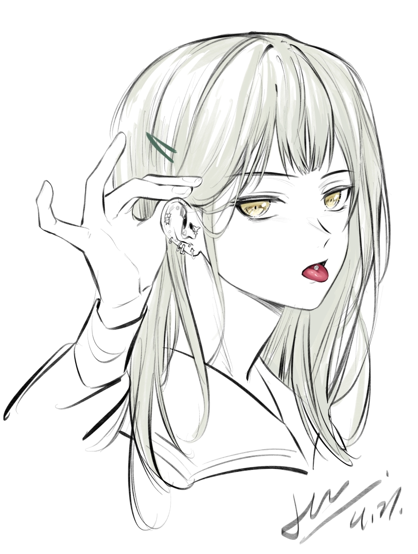 1girl absurdres bang_dream! bang_dream!_it&#039;s_mygo!!!!! chinese_commentary commentary_request ear_piercing green_eyes green_hair hero45439083942 highres long_hair looking_at_viewer mortis_(bang_dream!) mortis_(persona)_(bang_dream!) open_mouth piercing simple_background solo tongue tongue_out tongue_piercing upper_body wakaba_mutsumi white_background yellow_eyes