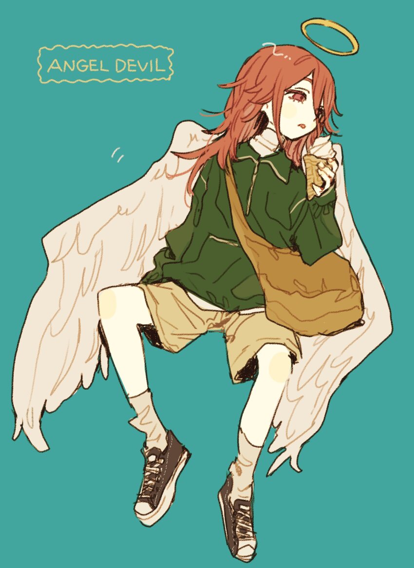1boy absurdres androgynous angel_devil_(chainsaw_man) angel_wings aqua_background bag black_shoes brown_bag brown_eyes brown_hair chainsaw_man character_name feathered_wings floating full_body gohanysu green_jacket hair_between_eyes halo highres holding holding_ice_cream_cone ice_cream_cone jacket long_hair male_focus parted_lips shirt shoes shorts shoulder_bag sneakers socks solo white_shirt white_socks white_wings wings yellow_shorts