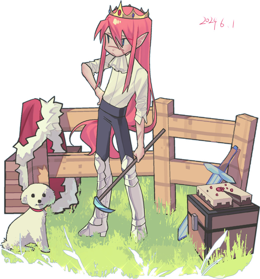 1boy androgynous animal armor cake cake_(minecraft) cape chest_(furniture) chinese_commentary commentary_request crown dated deformed dog fence floof_(technoblade) food full_body fur_trim grass highres holding keyihaoye long_hair minecraft minecraft_sword minecraft_youtube outdoors pink_hair real_life solo standing sword technoblade unworn_cape weapon