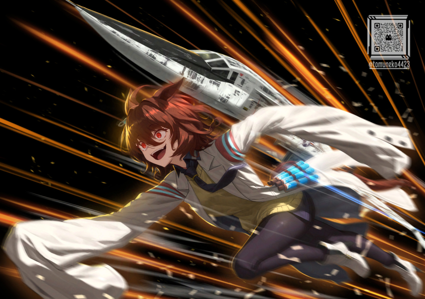 1girl agnes_tachyon_(umamusume) ahoge animal_ears black_necktie black_shirt breasts brown_hair brown_pantyhose brown_tail buttons chemical_structure clenched_teeth collared_shirt commentary_request earrings full_body horse_ears horse_girl horse_tail jewelry lab_coat math medium_breasts medium_hair messy_hair necktie open_mouth pantyhose qr_code red_eyes running shirt short_necktie single_earring sleeves_past_fingers sleeves_past_wrists solo striped_clothes sweater_vest tail teeth test_tube test_tube_holster tom-neko_(zamudo_akiyuki) twitter_username umamusume very_long_sleeves white_necktie white_shirt wide_sleeves xb-70 yellow_sweater_vest