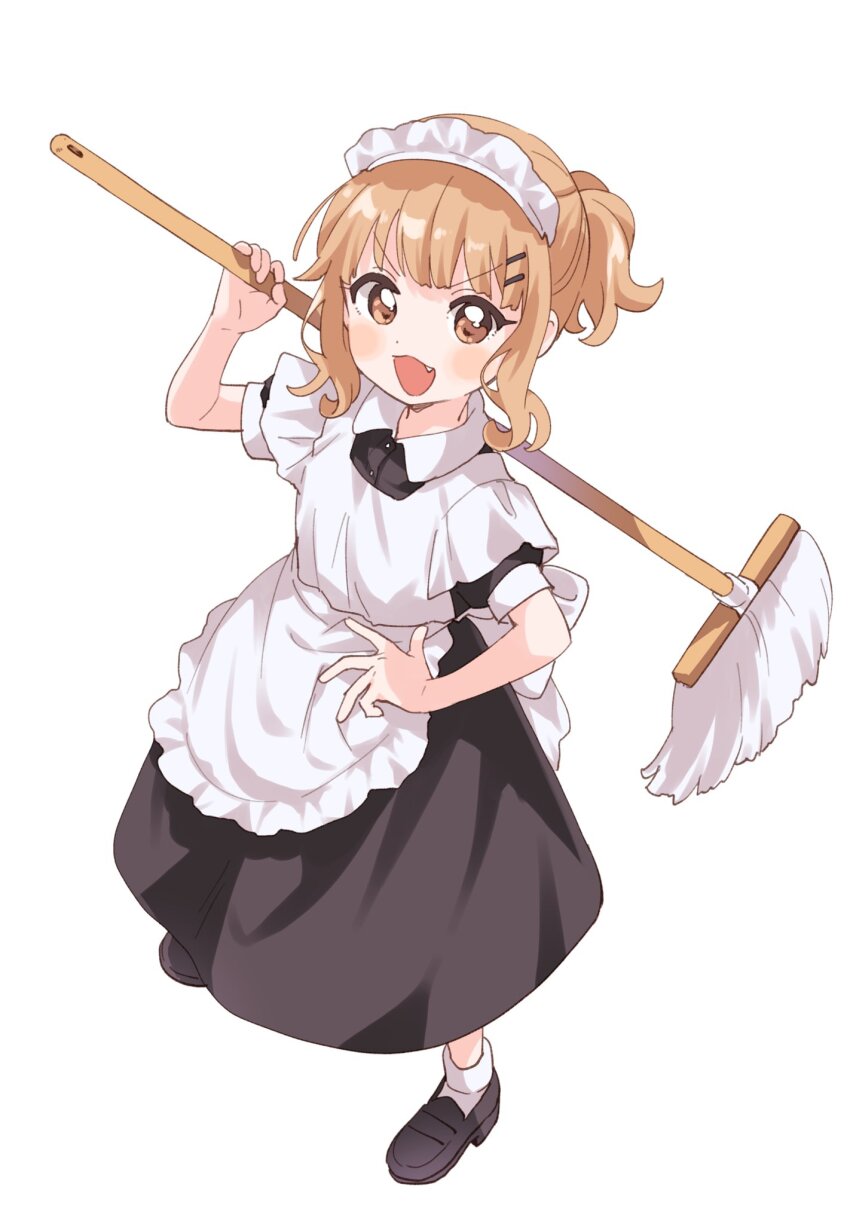 1girl alternate_hairstyle apron arm_up back_bow black_dress black_shoes bobby_socks bow brown_eyes collared_dress commentary dress frilled_apron frills hair_ornament hairclip hand_on_own_hip highres holding holding_mop light_brown_hair loafers maid maid_apron maid_headdress mop namori oomuro-ke oomuro_sakurako open_mouth ponytail shoes short_sleeves sidelocks simple_background sleeve_cuffs smile socks solo v-shaped_eyebrows wavy_hair white_apron white_background white_headdress white_socks yuru_yuri