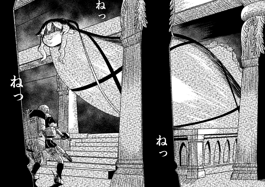 adapted_turret berserk character_request column commentary_request crossover greyscale hair_flaps highres indoors kantai_collection loafers machinery monochrome pillar pleated_skirt rigging scarf school_uniform serafuku shoes short_sleeves sidelocks skirt smokestack the_count_(berserk) tiger_(tiger-kimu) torpedo_launcher yura_(kancolle) yura_(snake) yuudachi_(kancolle) yuudachi_kai_ni_(kancolle)