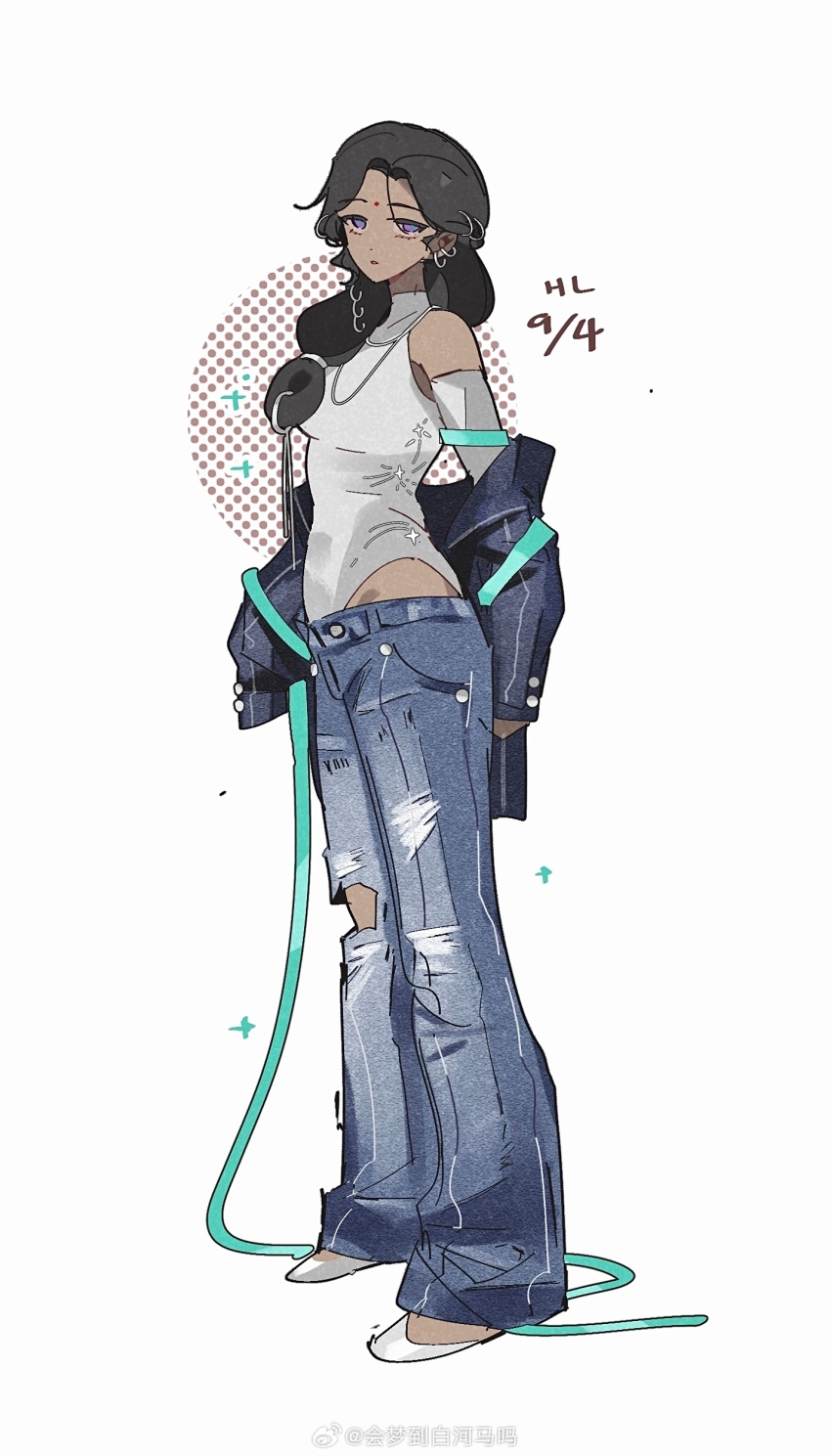 1girl absurdres arm_ribbon artist_name athletic_leotard bare_shoulders black_hair blue_jacket blue_pants clothing_cutout dark-skinned_female dark_skin dated denim detached_sleeves facial_mark forehead_mark full_body hair_ornament highleg highleg_leotard highres hl_(iamawhitehippo) jacket jeans kaalaa_baunaa leotard long_hair looking_at_viewer off_shoulder official_alternate_costume pants reverse:1999 ribbon solo torn_clothes torn_pants watermark weibo_watermark white_background white_footwear white_leotard