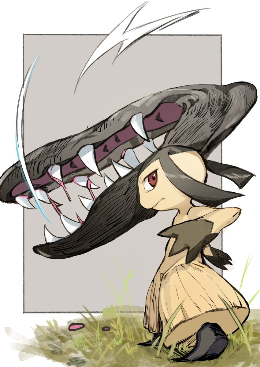 1other big_hair black_hair black_skin border closed_mouth colored_skin extra_mouth from_side full_body gen_3_pokemon grass grey_background hand_up heel_up highres hiranko living_hair long_hair looking_at_viewer mawile multicolored_skin nintendo open_mouth other_focus outside_border pokemon pokemon_(creature) ponytail profile saliva serious sharp_teeth sidelocks solo standing teeth thick_thighs thighs two-tone_skin very_long_hair white_border yellow_skin