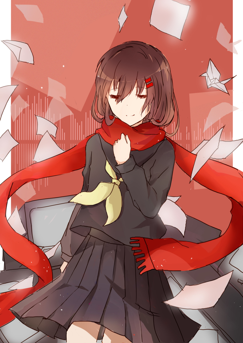 1girl absurdres ayano_no_koufuku_riron_(vocaloid) black_serafuku black_skirt border brown_hair clenched_hand closed_eyes enpera graphic_equalizer hair_between_eyes hair_ornament hairpin hand_on_own_chest highres kagerou_project light_smile long_sleeves mekakucity_actors monitor neckerchief origami outside_border paper paper_crane pleated_skirt red_background red_scarf scarf school_uniform serafuku skirt solo tateyama_ayano television vocaloid white_border yanki_(mxxk2247)