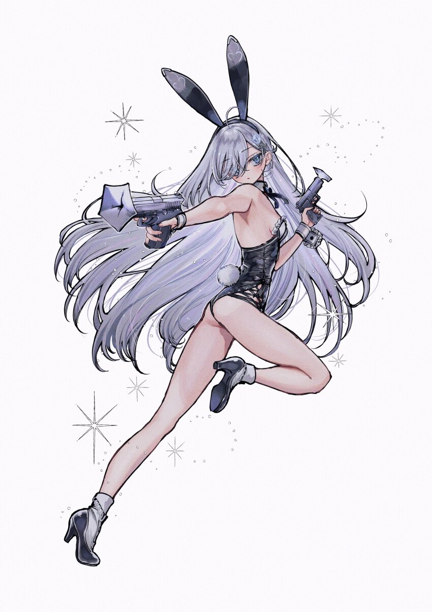 1girl absurdres black_leotard blue_eyes fake_bunny_ears gun hair_over_one_eye high_heels highres leotard long_hair murasaki_pomeranian playboy_bunny running shibou_yuugi_de_meshi_o_kuu solo very_long_hair weapon white_background wrist_cuffs yuuki_(shibou_yuugi)