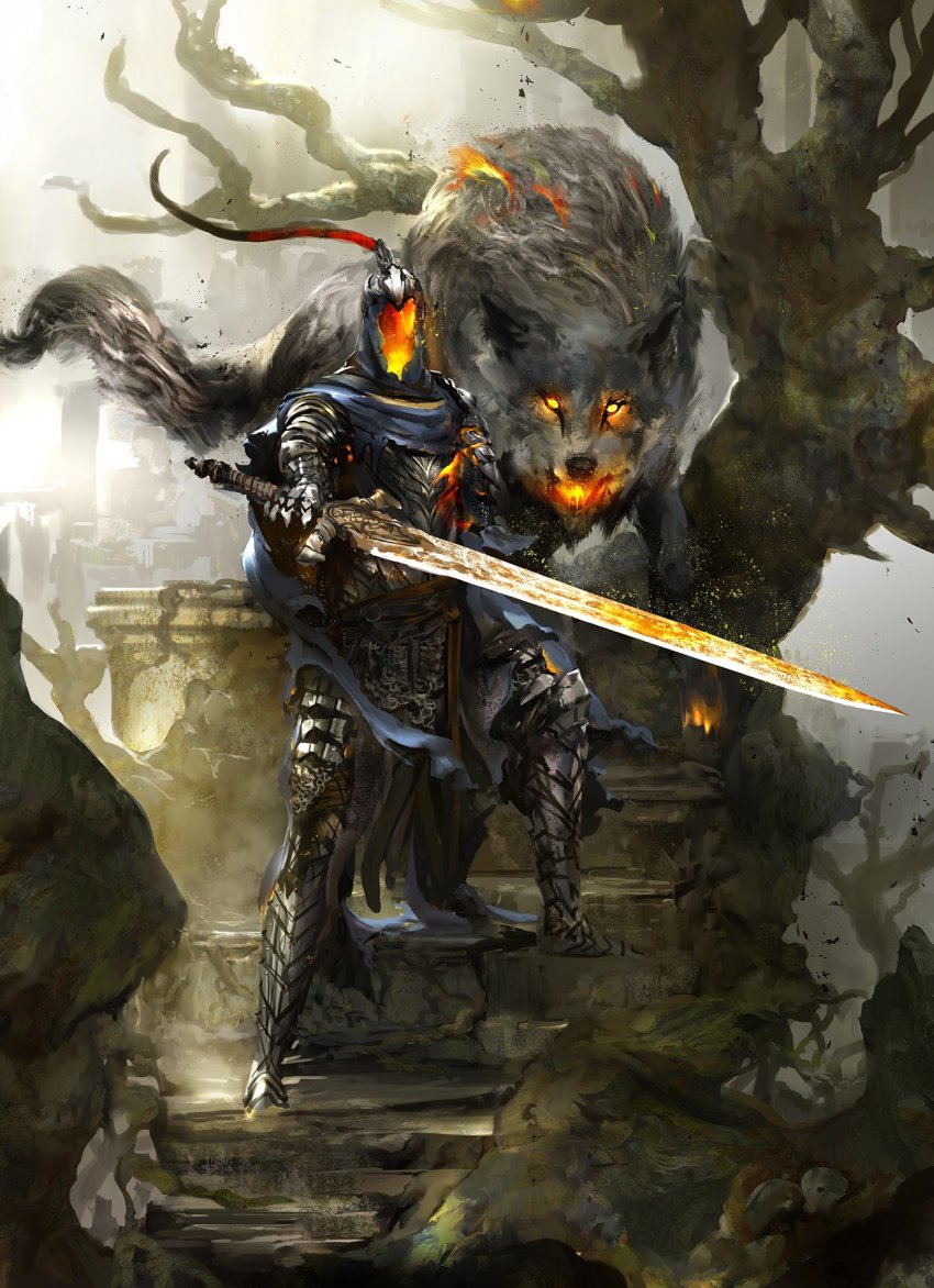 1boy animal armor artorias_the_abysswalker blue_cape breath_weapon breathing_fire cape cloud cloudy_sky dark_souls_(series) dark_souls_i day debris embers faceless fangs fire fire_body flaming_eyes flaming_sword flaming_weapon full_armor great_grey_wolf_sif grey_wolf highres kekai_kotaki knight light_rays long_sword looking_at_viewer oversized_animal ruins severed_arm severed_limb shield sky stairs standing sunlight sword torn_cape torn_clothes tree unfinished weapon wolf