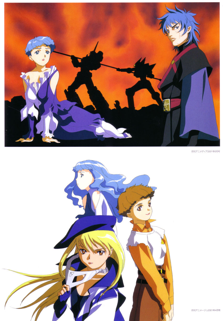 00s 1boy 3girls absurdres altair_(dendoh) gear_fighter_dendou gear_senshi_dendou highres hisayuki_hirokazu mecha multiple_girls orie_kusanagi robot vega_(dendoh)