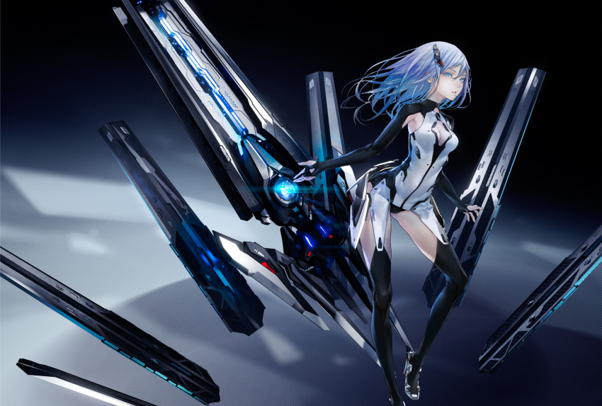 1girl android armpit_cutout beatless blue_eyes blue_hair bodysuit breasts cleavage cleavage_cutout clothing_cutout dark_background device full_body glowing gradient_hair hair_ornament hands_up heel_up high_heels highres leaning_forward leicia long_hair mecha_musume multicolored_hair official_art over-kneehighs parted_lips redjuice standing thighhighs thighs thumb_hole_sleeves turtleneck turtleneck_bodysuit
