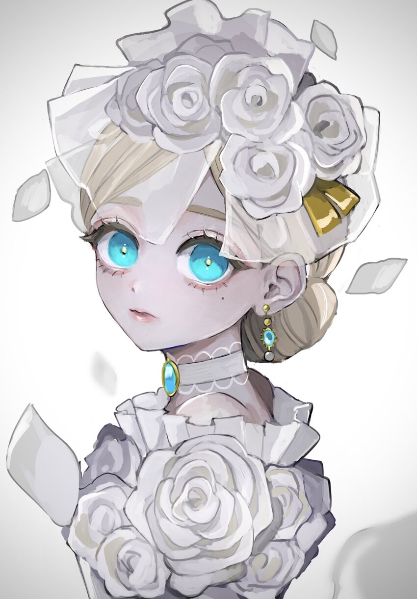 1girl blonde_hair blue_eyes blue_gemstone choker closed_mouth dress dress_flower earrings falling_petals flower from_side gem hair_bun hair_flower hair_ornament highres hoge_(n8sss) identity_v jewelry lips looking_at_viewer looking_to_the_side mole mole_under_eye off-shoulder_dress off_shoulder official_alternate_costume parted_bangs petals rose simple_background single_hair_bun solo upper_body veil vera_nair vera_nair_(tonight_or_never) white_background white_choker white_dress white_flower white_rose yellow_pupils