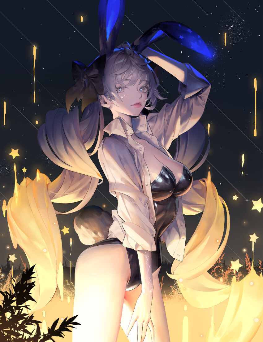 +_+ 1girl absurdres animal_ears arm_up black_bow black_leotard bow breasts cleavage collared_shirt commentary constellation english_commentary facial_mark fake_animal_ears hair_bow hand_on_own_head highleg highleg_leotard highres jung_wonjo large_breasts leotard long_hair long_sleeves looking_at_viewer night night_sky original parted_lips playboy_bunny rabbit_ears rabbit_tail shirt shooting_star sky solo star_(sky) star_(symbol) starry_sky strapless strapless_leotard symbol-shaped_pupils tail teeth twintails very_long_hair