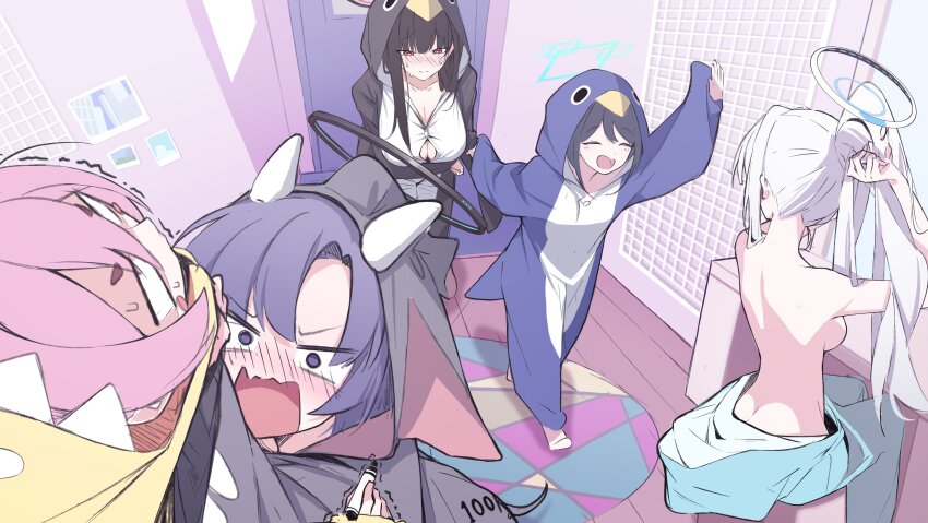 5girls absurdres adjusting_hair alternate_costume angry animal_hood aris_(blue_archive) black_hair blue_archive embarrassed empty_eyes flustered highres holding holding_marker hood hood_up hooded_pajamas koyuki_(blue_archive) koyuki_(pajamas)_(blue_archive) lifting_person long_hair marker mmhomm multiple_girls noa_(blue_archive) pajamas pink_hair ponytail purple_eyes purple_hair rio_(blue_archive) seminar_(blue_archive) smile white_hair yuuka_(blue_archive)