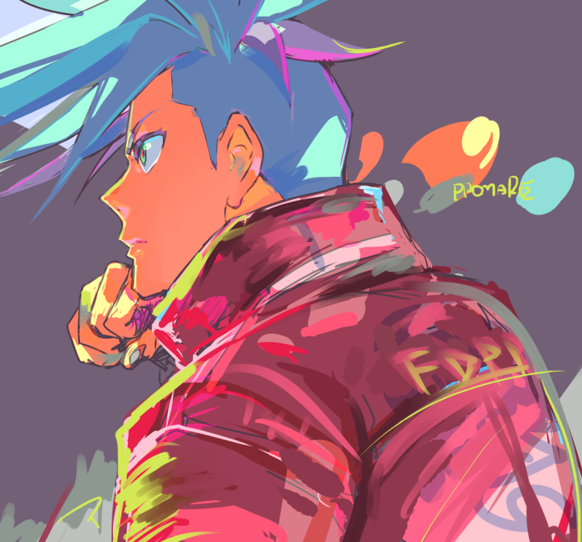 1boy blue_hair clothes_writing colored_skin commentary copyright_name galo_thymos green_eyes jacket matahei mohawk orange_skin promare red_jacket red_pupils signature simple_background solo spiked_hair