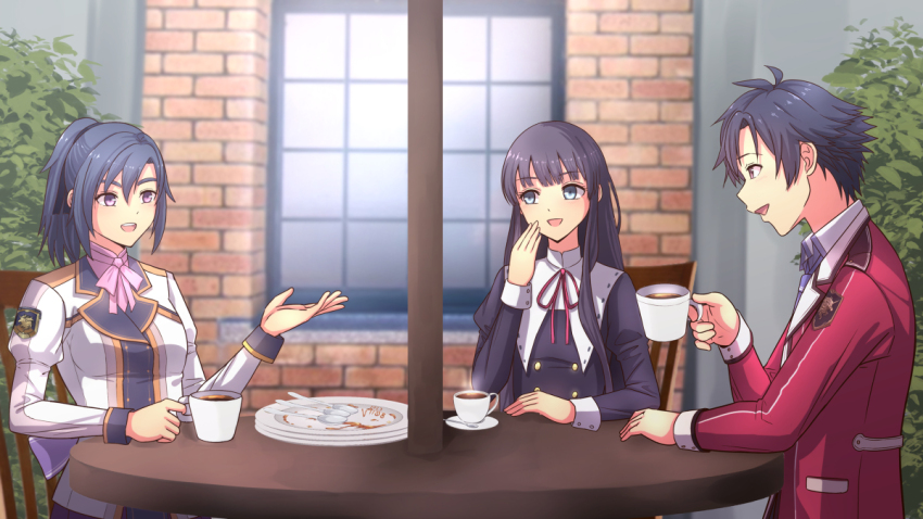 1boy 2girls black_dress black_hair blue_hair cafe coat coffee dress eiyuu_densetsu elise_schwarzer falcom multiple_girls pink_ribbon ponytail purple_eyes rean_schwarzer red_coat red_ribbon ribbon school_uniform sen_no_kiseki_(series) smiley_face talking turquoise_eyes verrell white_coat