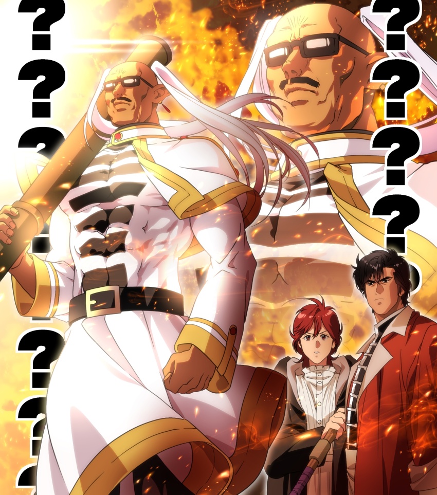 1girl 2boys ? bald belt_buckle black_eyes black_hair brown_eyes buckle city_hunter cosplay crossdressing earrings facial_hair fern_(sousou_no_frieren) fern_(sousou_no_frieren)_(cosplay) fire frieren frieren_(cosplay) highres jacket jewelry makimura_kaori multiple_boys mustache pantyhose red_hair saeba_ryou scarf sousou_no_frieren staff stark_(sousou_no_frieren) stark_(sousou_no_frieren)_(cosplay) sunglasses umibozu_(city_hunter) wig yuu_(masarunomori) zoom_layer