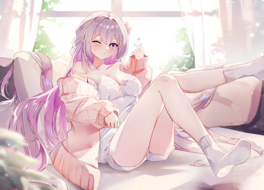 1girl :&lt; alternate_costume bare_legs bare_shoulders blush breasts bright_pupils cardigan castorice_(honkai:_star_rail) cleavage collarbone commentary curtains double_strap_slip elphe feet finger_heart flower foot_out_of_frame hair_flower hair_ornament highres honkai:_star_rail honkai_(series) indoors knees_together_feet_apart large_breasts legs long_hair looking_at_viewer no_shoes off_shoulder one_eye_closed open_cardigan open_clothes pink_cardigan pink_flower pointy_ears purple_eyes purple_hair shirt shorts socks soles solo very_long_hair white_pupils white_shirt white_shorts white_socks window