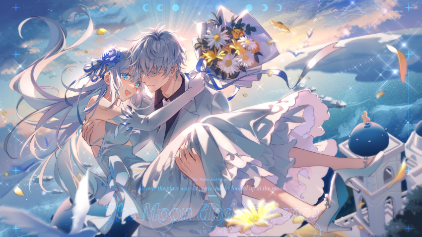 1boy 1girl :d architecture arms_around_neck backlighting bare_shoulders black_shirt blue_flower blue_ribbon blush bouquet bow carrying chinese_commentary chinese_text closed_mouth cloud collared_shirt colored_eyelashes commentary_request cross crossed_bangs dress dual_persona elbow_gloves english_text eyelashes floating_hair flower formal_clothes frilled_dress frills genderswap genderswap_(mtf) gloves gojou_satoru hair_between_eyes hair_flower hair_ornament hair_ribbon high_heels highres holding holding_bouquet jacket jujutsu_kaisen kongzao lapels long_hair long_sleeves looking_at_another looking_at_viewer moon_phases necktie open_clothes open_jacket open_mouth outdoors pants princess_carry ribbon shirt short_hair sidelocks sky sleeveless sleeveless_dress smile suit sunlight white_bow white_dress white_flower white_footwear white_gloves white_hair white_jacket white_necktie white_pants wing_collar yellow_flower