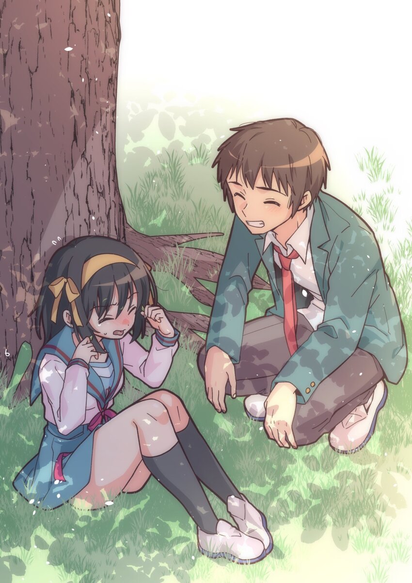 1boy 1girl blazer blue_sailor_collar blue_skirt blush brown_eyes brown_hair brown_pants collared_shirt commentary_request facing_another glass green_jacket grin hair_ribbon hairband highres jacket kita_high_school_uniform knees_up kyon long_sleeves medium_hair necktie open_clothes open_jacket open_mouth outdoors pants pleated_skirt red_necktie red_ribbon ribbon sailor_collar school_uniform serafuku shirt shoes short_hair sitting skirt smile squatting suzumiya_haruhi suzumiya_haruhi_no_yuuutsu taiki_(6240taiki) teeth tongue tree uwabaki white_footwear white_shirt winter_uniform yellow_hairband yellow_ribbon