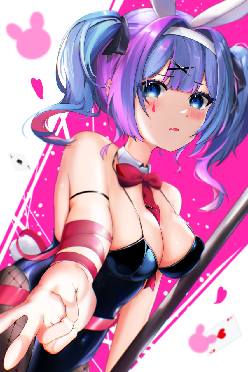 1girl absurdres animal_ear_hairband animal_ears bare_shoulders black_leotard black_pantyhose blue_eyes blue_hair blush bow bowtie breasts cleavage detached_collar facial_tattoo fake_animal_ears fishnet_pantyhose fishnets hairband hatsune_miku highres large_breasts leotard long_hair looking_at_viewer nekon0908 open_mouth pantyhose rabbit_ear_hairband rabbit_ears rabbit_hole_(vocaloid) red_bow red_bowtie short_twintails sidelocks solo tattoo teardrop_tattoo twintails v vocaloid white_hairband