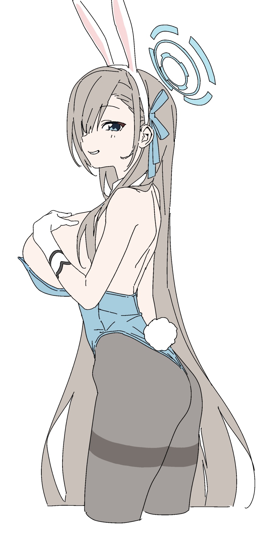 1girl absurdres animal_ear_hairband animal_ears asuna_(blue_archive) asuna_(bunny)_(blue_archive) backless_leotard black_pantyhose blonde_hair blue_archive blue_eyes blue_halo blue_leotard blue_ribbon breasts cropped_legs detached_sleeves fake_animal_ears fake_tail flat_color gloves hair_ribbon hairband halo highres hiji_rida huge_breasts large_breasts leotard long_hair looking_at_viewer official_alternate_costume pantyhose playboy_bunny rabbit_ear_hairband rabbit_ears rabbit_tail ribbon simple_background sketch smile solo strapless strapless_leotard tail very_long_hair white_background white_gloves