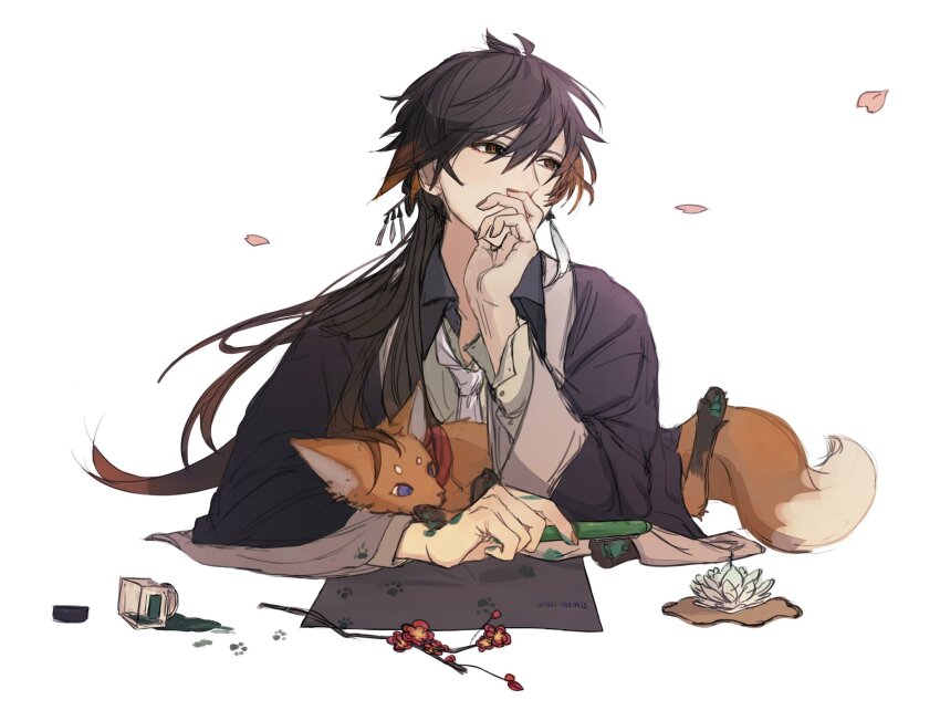 1boy aji_11300913 black_robe brown_eyes commentary_request falling_petals flower fox genshin_impact hair_between_eyes highres holding long_hair looking_to_the_side male_focus necktie petals pink_petals plum_blossoms purple_eyes robe shirt simple_background solo tassel twitter_username upper_body white_background white_necktie white_shirt zhongli_(genshin_impact)