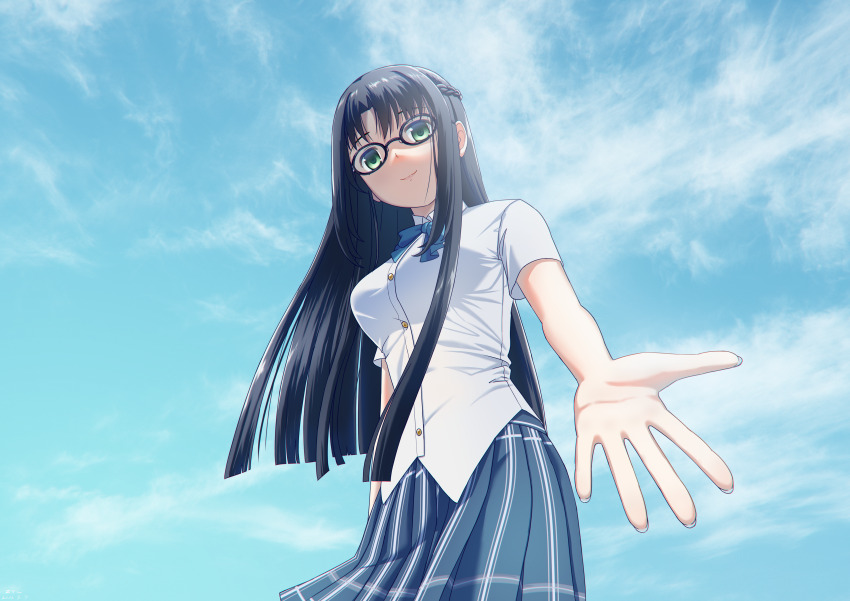 1girl absurdres black-framed_eyewear black_hair blue_bow blue_skirt blue_sky bow breasts day gaokao.love.100days green_eyes highres long_hair luo_xiaohan medium_breasts school_uniform short_sleeves skirt sky smile standing very_long_hair zyl_(pixiv_25086308)