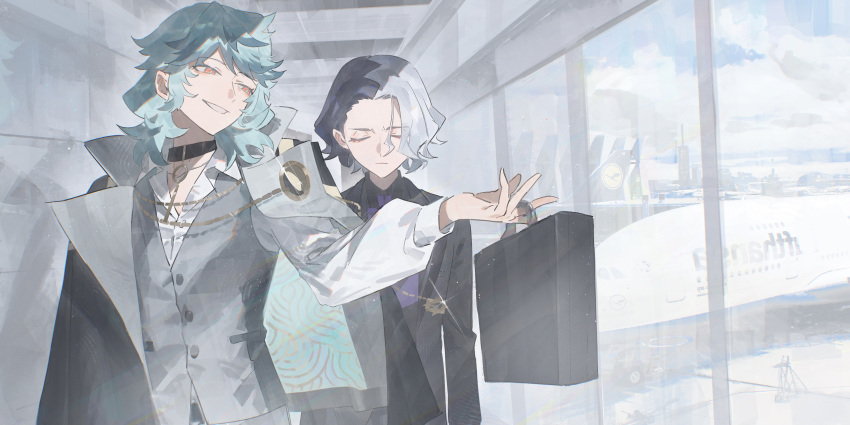 2boys absurdres aircraft airplane amethio_(pokemon) briefcase closed_eyes closed_mouth collar collared_shirt commentary_request day glint green_hair grey_vest grin hazel_maier highres indoors jacket jet_airliner long_sleeves looking_to_the_side loose_hair_strand male_focus multicolored_hair multiple_boys nintendo orange_eyes pokemon pokemon_(anime) pokemon_horizons shirt smile spinel_(pokemon) teeth two-tone_hair vest white_shirt window