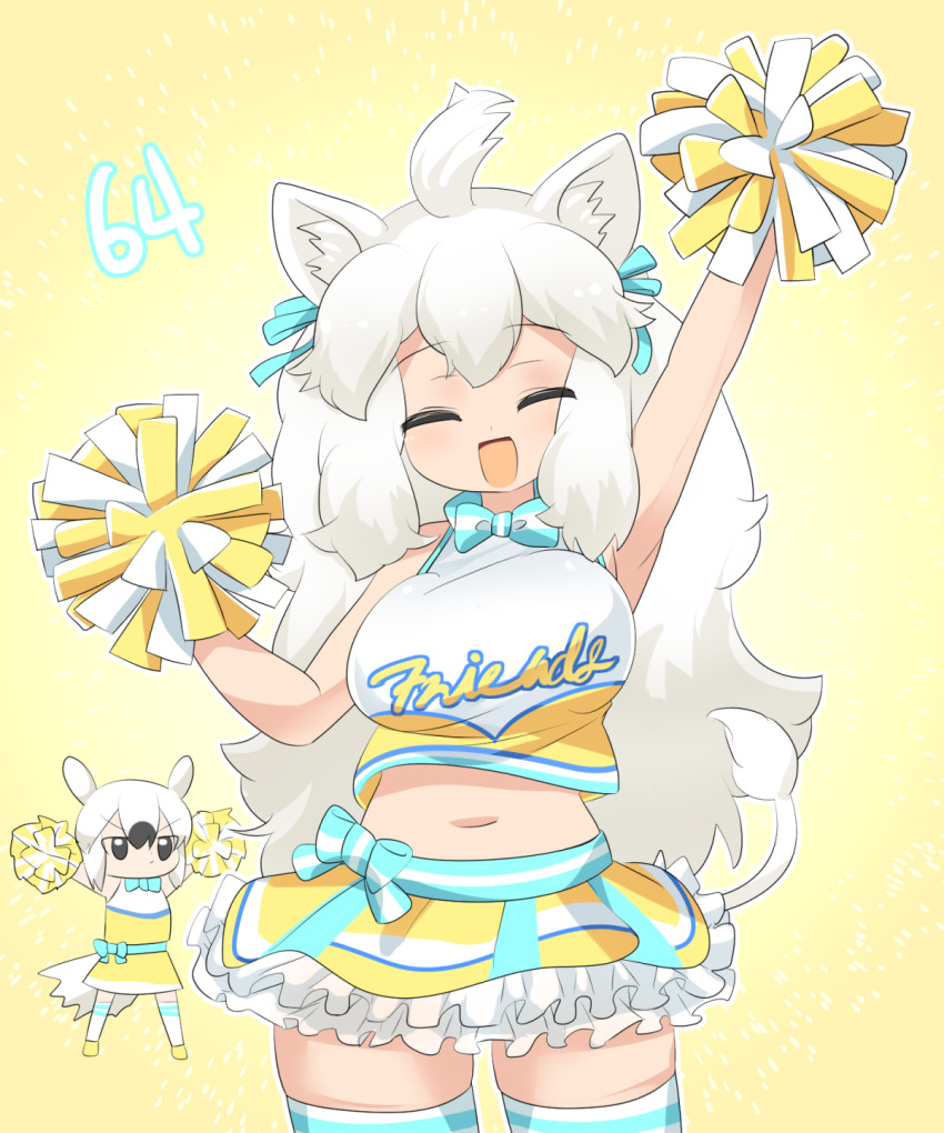 2girls :d aardwolf_(kemono_friends) ahoge alternate_costume animal_ear_fluff animal_ears arm_up armpits black_eyes black_hair blue_bow blue_bowtie blush bow bowtie breasts cheerleader closed_eyes clothes_writing commentary_request cowboy_shot crop_top frilled_skirt frills highres kemono_friends large_breasts lets0020 lion_ears lion_girl lion_tail long_hair midriff multiple_girls navel numbered open_mouth pom_pom_(cheerleading) shirt short_hair skirt sleeveless sleeveless_shirt smile solo_focus tail thighhighs white_hair white_lion_(kemono_friends) white_thighhighs yellow_background yellow_skirt