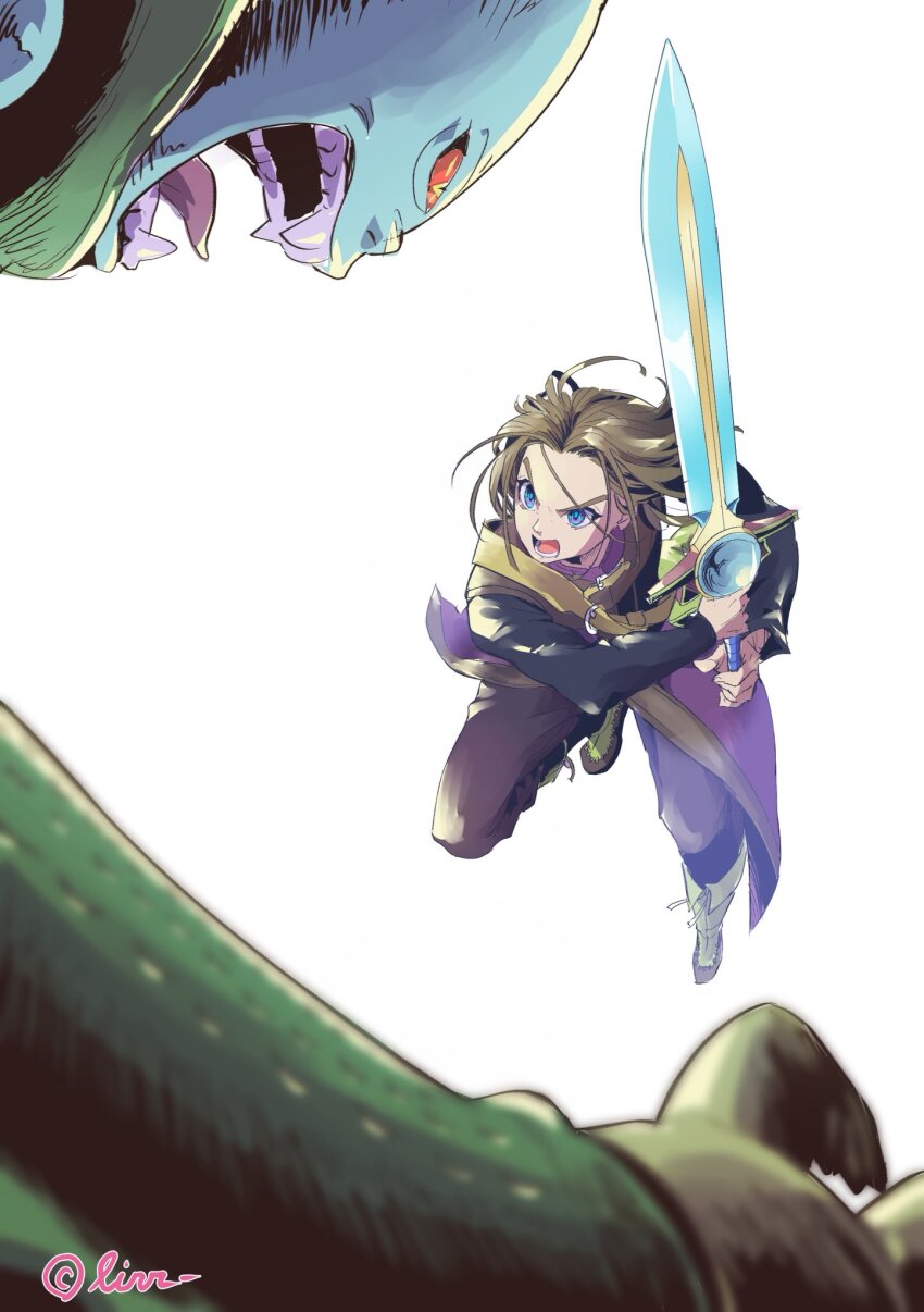 2boys armor artist_name black_shirt blue_eyes blue_skin blurry boots brown_hair brown_pants brown_trim colored_sclera colored_skin commentary_request depth_of_field dragon_quest dragon_quest_xi fangs floating_clothes floating_hair green_armor green_boots hero_(dq11) highres holding holding_sword holding_weapon jacket looking_at_another male_focus medium_hair multiple_boys nizzelpha open_mouth pants parted_hair purple_jacket red_sclera shey93735903 shirt sleeveless sleeveless_jacket slit_pupils sword teeth tongue vs weapon white_background yellow_eyes