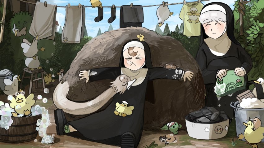 2girls :&lt; ^_^ animal animal_on_arm animal_on_head animal_on_lap animal_print basin bathing bird bird_on_lap black_legwear breaking bubble bucket bug bush butterfly chicken closed_eyes clothesline diva_(hyxpk) doll duck duck_print duckling eggshell_hat freckles frog frog_print froggy_nun_(diva) green_legwear green_shirt half-closed_eyes hat highres hole insect laundry little_nuns_(diva) mole_(animal) monocle mouth_hold multiple_girls nose_bubble nun on_head on_lap ostrich outdoors pulling sheep_nun_(diva) shirt sleeping sleeping_with_eyes_open slice_of_life smile snake socks spread_wings stool surprised top_hat towel traditional_nun tree washing_clothes yellow_shirt