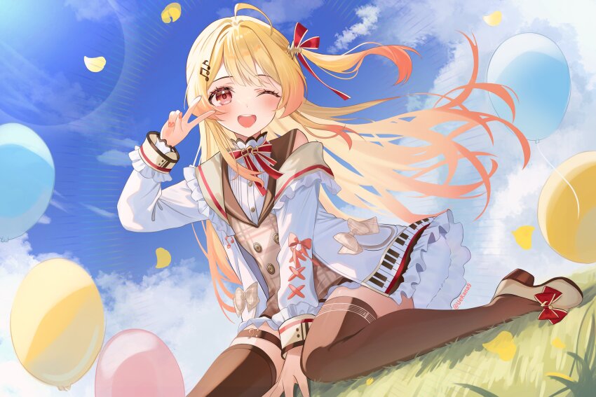 1girl ;d absurdres ahoge balloon beamed_eighth_notes between_legs blonde_hair blue_sky bow brown_dress brown_sailor_collar brown_shoes brown_thighhighs buttons cloud commentary_request day double-breasted double-parted_bangs dress eighth_note floating_hair footwear_bow fortissimo frilled_jacket frills gradient_hair hair_ornament hair_ribbon hairclip hand_between_legs highres hololive hololive_dev_is jacket long_hair long_sleeves looking_at_viewer multicolored_hair musical_note musical_note_hair_ornament neck_ribbon on_grass one_eye_closed one_side_up open_mouth orange_hair otonose_kanade otonose_kanade_(1st_costume) outdoors plaid_clothes plaid_dress red_bow red_eyes red_ribbon ribbon sailor_collar shirt shoes sidelocks single_off_shoulder sitting sky smile solo teeth thigh_strap thighhighs uekana9 upper_teeth_only v virtual_youtuber wariza white_jacket white_shirt