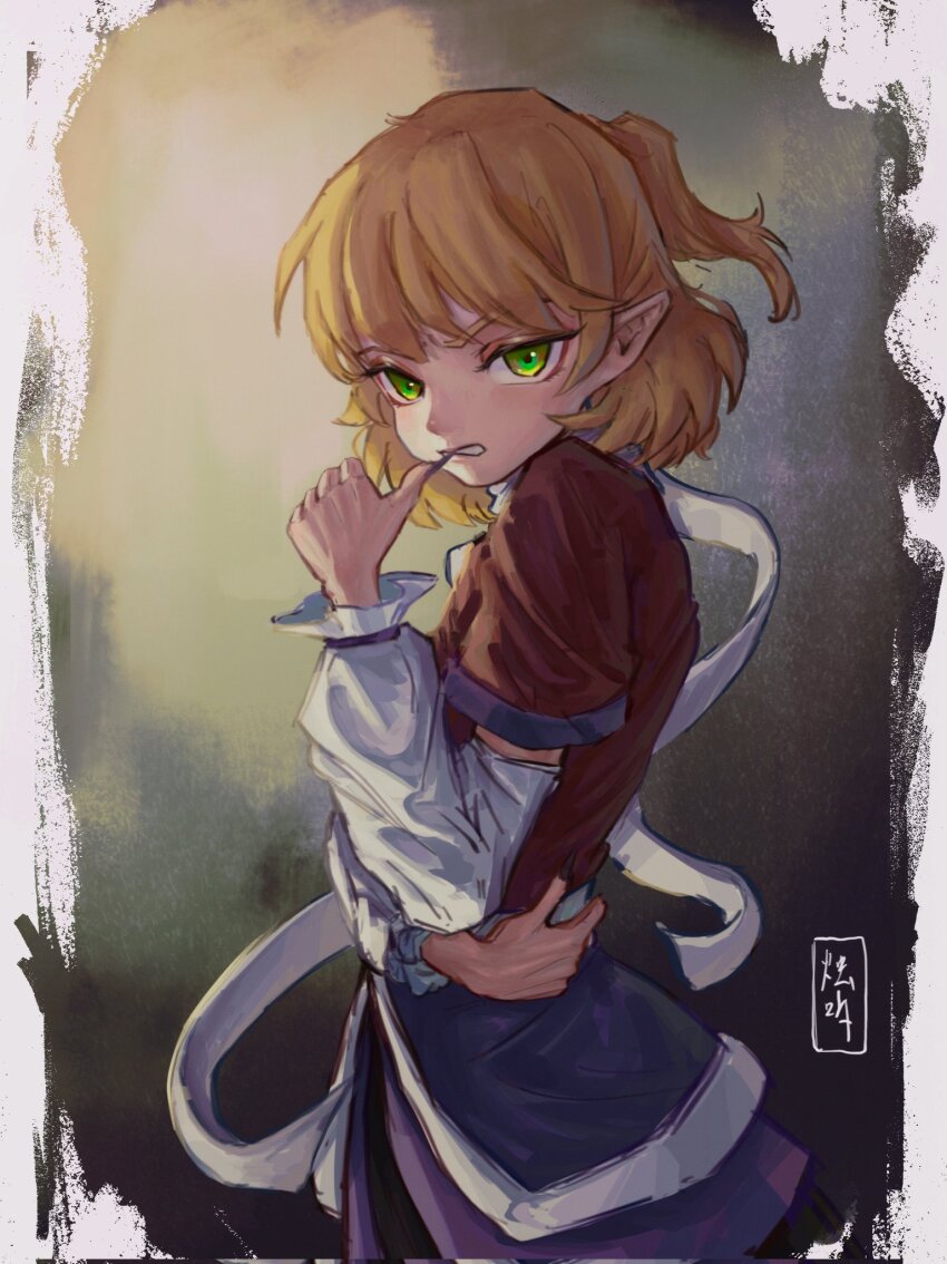1girl arm_warmers biting black_nails black_skirt blonde_hair brown_jacket brown_shirt commentary commentary_typo cowboy_shot fingernails frown green_eyes hand_on_own_hip highres jacket long_fingernails looking_at_viewer looking_to_the_side mizuhashi_parsee nail_biting nail_polish open_mouth pointy_ears ponytail sharp_fingernails shirt short_hair short_ponytail short_sleeves signature skirt solo touhou zhu_ting