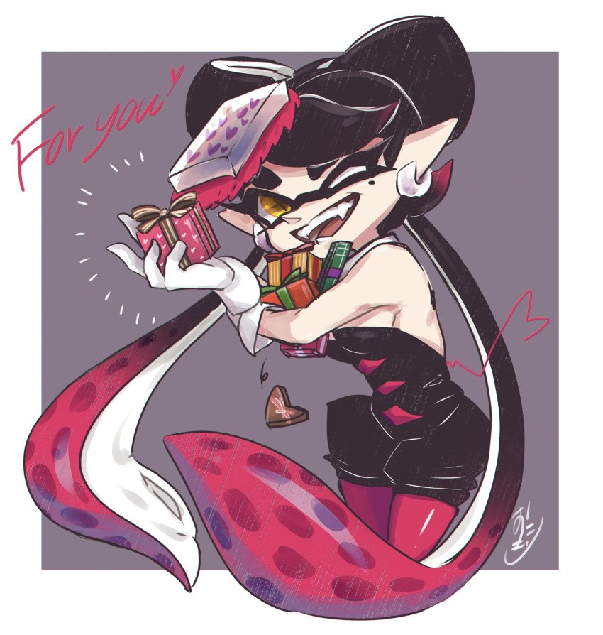 +_+ 1girl artist_name black_hair border breasts callie_(splatoon) callie_(squid_sisters_outfit)_(splatoon) commentary detached_collar earrings english_commentary english_text food gift gloves gradient_hair grey_background highres holding holding_gift inkling jewelry long_hair looking_at_viewer mixed-language_commentary mole mole_under_eye multicolored_hair nintendo notice_lines object_on_head okome_2g2g one_eye_closed open_mouth outside_border pantyhose pointy_ears red_hair red_pantyhose short_jumpsuit signature small_breasts smile solo splatoon_(series) splatoon_1 standing strapless sushi swept_bangs tentacle_hair valentine very_long_hair white_border white_gloves yellow_eyes
