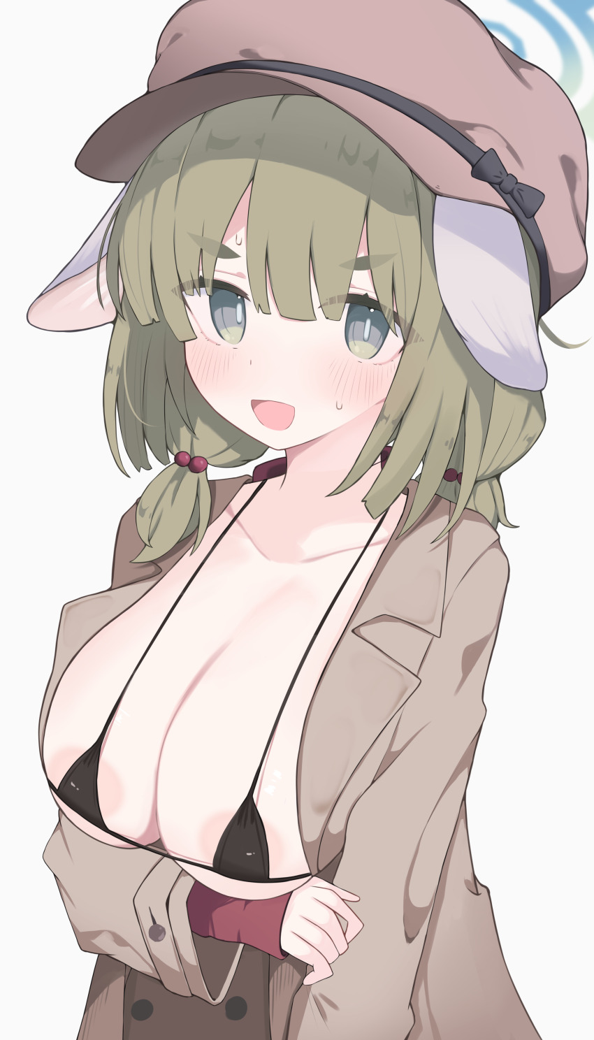 1girl absurdres animal_ears areola_slip bikini black_bikini blue_archive blue_halo blush breasts green_eyes green_hair halo hat highres large_breasts micro_bikini nui_(nuinui0300) open_mouth simple_background solo swimsuit variant_set white_background yakumo_(blue_archive)