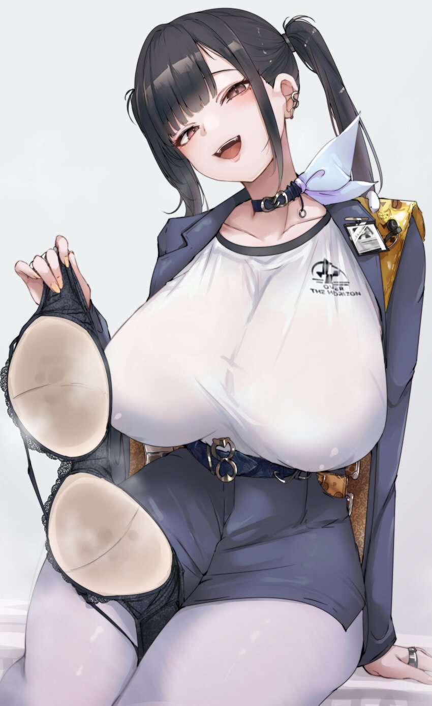 1girl absurdres black_bra black_hair blue_skirt blue_suit blush bra breasts choker collarbone covered_erect_nipples formal_clothes goddess_of_victory:_nikke highres holding holding_bra holding_underwear holding_unworn_clothes huge_breasts jewelry large_breasts long_hair multiple_rings open_mouth pantyhose presenting_bra red_eyes removing_bra_under_shirt ring ryuu. shirt sidelocks sitting skirt smile solo sora_(nikke) steaming_clothes suit thick_thighs thighs twintails underwear unworn_bra white_pantyhose white_shirt wide_hips