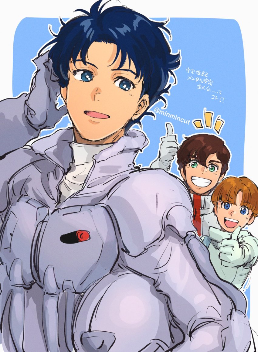 3boys blonde_hair blue_eyes blue_hair brown_hair chanmura green_eyes gundam gundam_f91 gundam_zz hair_behind_ear highres judau_ashta male_focus mecha_pilot_suit multiple_boys normal_suit_(gundam) open_mouth pilot_suit seabook_arno smile thumbs_up uso_ewin victory_gundam