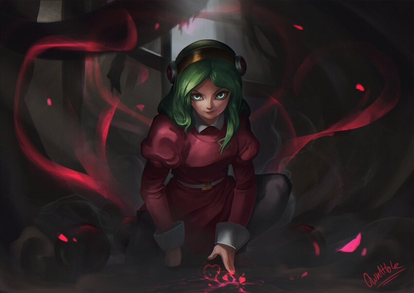 1girl aqua_eyes black_pantyhose brianne_de_chateau commentary dragon_ball dragon_ball_super dress english_commentary gold_hairband green_hair hairband heart highres juliet_sleeves long_sleeves looking_at_viewer on_one_knee ownahole pantyhose pink_dress puffy_sleeves rubble signature smirk smoke solo v-shaped_eyebrows