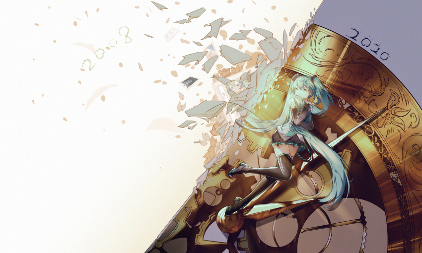 1girl black_skirt blue_eyes blue_hair boots broken clock detached_sleeves floating hatsune_miku highres long_hair looking_to_the_side lying photo_(object) picture_frame rzx0 scenery skirt thigh_boots thighhighs time twintails very_long_hair vocaloid