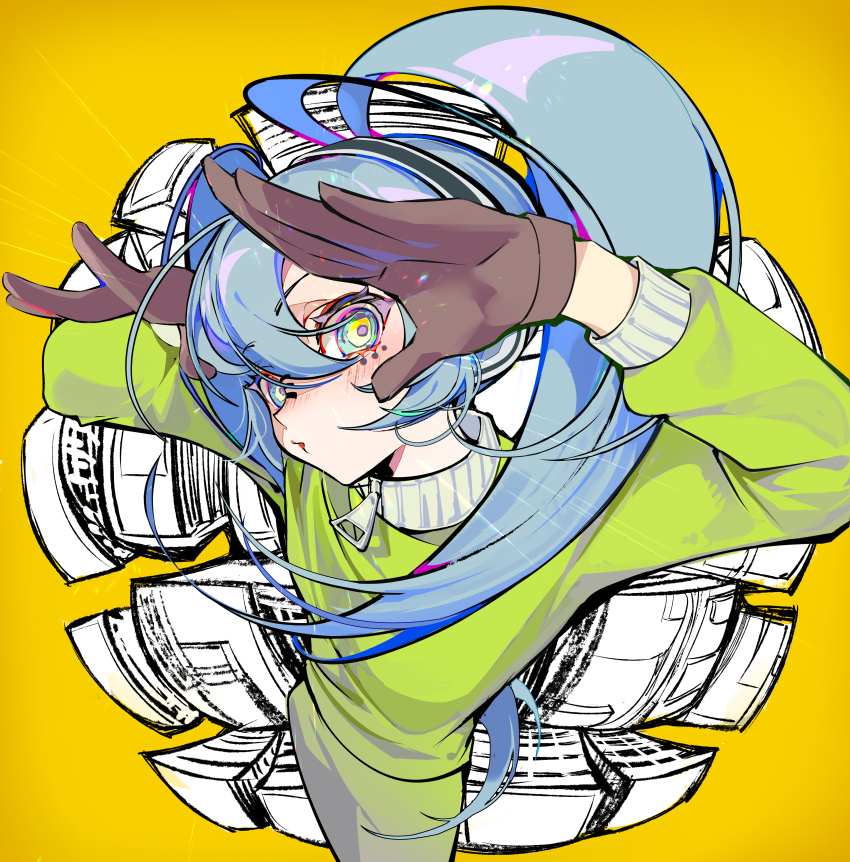 1girl absurdres blue_hair blush brown_gloves commentary contrapposto cowboy_shot facial_mark from_above gloves green_jacket green_pants hands_up hatsune_miku headphones highres jacket long_sleeves looking_at_viewer matryoshka_(vocaloid) mixed-language_commentary multicolored_eyes o3o pants sidelocks solo standing surin_(65889544) track_jacket twintails two-tone_eyes vocaloid yellow_background zipper_pull_tab