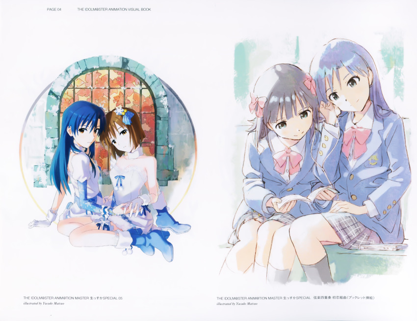 4girls absurdres amami_haruka artist_name blue_bow blue_footwear blue_hair blue_jacket bow bowtie breasts brown_eyes brown_hair cleavage closed_mouth collared_shirt dress dress_shirt earphones gloves green_eyes grey_skirt grey_socks hagiwara_yukiho hair_bow head_tilt highres holding_hands idolmaster idolmaster_(classic) interlocked_fingers jacket kisaragi_chihaya long_hair long_sleeves looking_at_viewer matsuo_yuusuke miniskirt multiple_girls official_art page_number pink_bow pink_bowtie plaid_clothes plaid_skirt pleated_skirt polka_dot polka_dot_bow school_uniform shared_earphones shirt short_dress short_hair sitting skirt small_breasts smile snowflake_liliput_(idolmaster) socks straight_hair strapless strapless_dress white_dress white_gloves white_shirt wing_collar