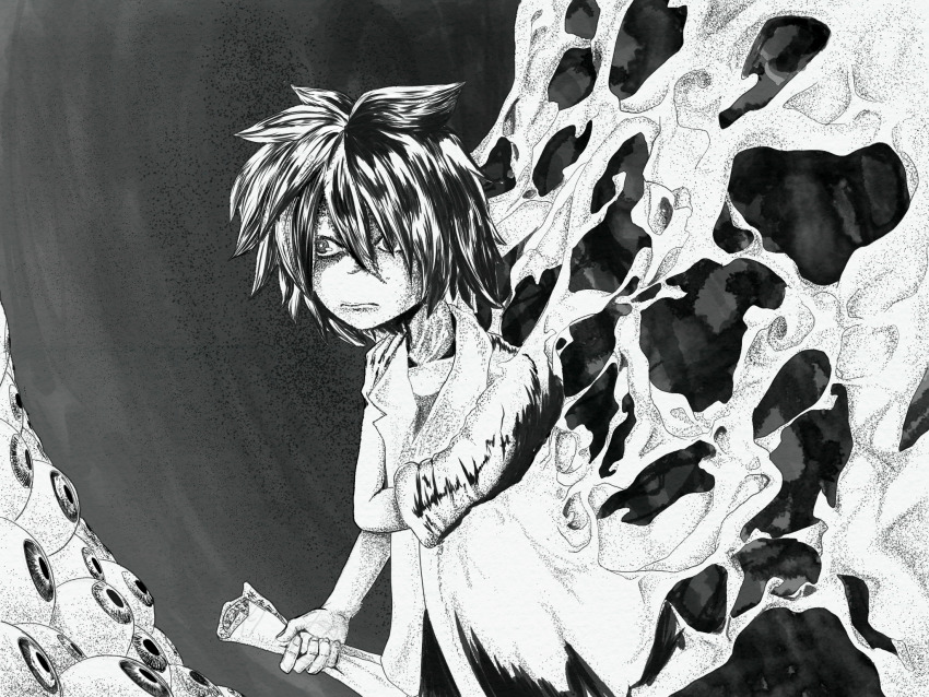 1boy closed_mouth collared_shirt commentary_request cookie_(touhou) dithering eyeball greyscale hair_between_eyes highres holding holding_scroll horror_(theme) jiko_mujun long_bangs male_focus monochrome parody scroll shirt short_hair short_sleeves smoke solo style_parody upper_body whiterolo xxx_(nicoseiga530226)_(style)