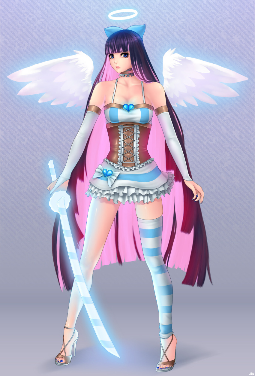 10s 1girl angel black_hair blue_eyes blue_nails choker colored_inner_hair feet female_focus halo high_heels highres khalitzburg_(user_2274420) long_hair multicolored_hair nail_polish open_shoes panty_&amp;_stocking_with_garterbelt purple_hair shoes single_thighhigh solo stiletto_heels stocking_(psg) striped_clothes striped_thighhighs stripes_i_&amp;_ii sword thighhighs toenail_polish toenails toes two-tone_hair very_long_hair weapon wings