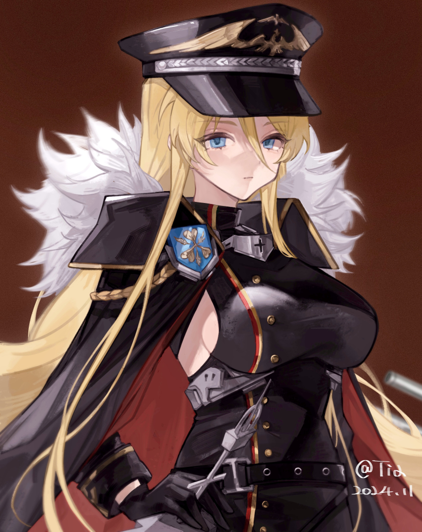 1girl absurdres azur_lane bismarck_(azur_lane) bismarck_zwei_(azur_lane) black_cape black_dress black_gloves blonde_hair blue_eyes breasts buttons cape closed_mouth dress expressionless gloves hair_between_eyes half-closed_eyes hand_on_own_hip hat highres light_frown long_hair medium_breasts military_hat sideboob sideboob_cutout solo standing tiatan very_long_hair