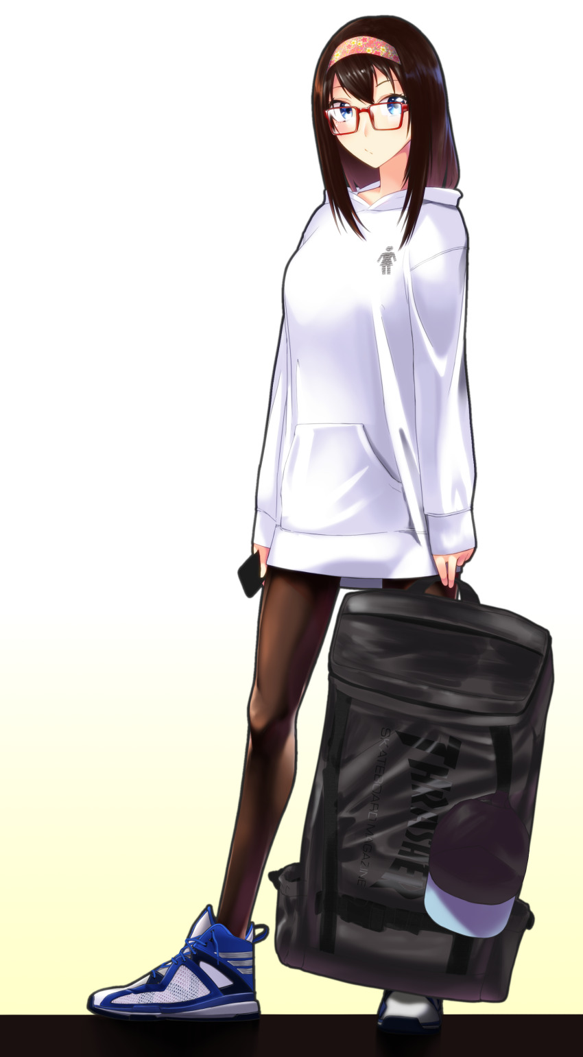 1girl absurdres adidas adidas_adizero_pg bag baseball_cap black_pantyhose blue_eyes blue_shoes brown_hair cellphone full_body glasses hairband hat highres holding holding_bag holding_phone hood hood_down hoodie long_hair long_sleeves mizuki_shizuka_(silenxe) original pantyhose phone red_hairband shoes silenxe smartphone sneakers solo thrasher_magazine unworn_headwear white_hoodie white_shoes