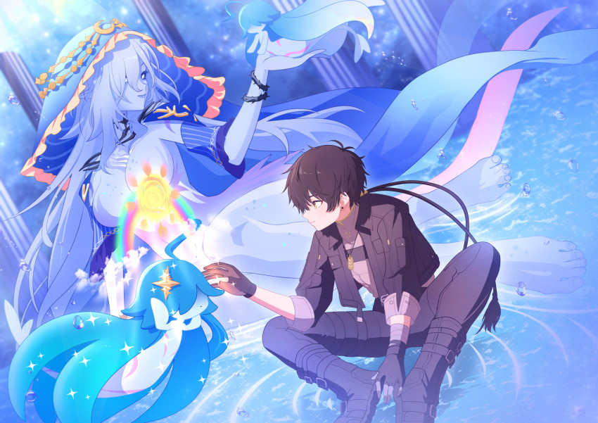 1boy 1girl bandaged_arm bandages black_gloves black_hair black_jacket black_pants blue_hair blue_skin blue_veil breasts closed_mouth collared_jacket colored_skin commentary_request gloves grey_shirt hand_up jacket kaerunrun large_breasts long_hair lorelei_(wuthering_waves) male_rover_(wuthering_waves) monster_girl musical_note nimbus_wraith_(wuthering_waves) no_nipples pants rover_(wuthering_waves) shirt sitting smile tacet_discord_(wuthering_waves) veil very_long_hair wuthering_waves yellow_eyes