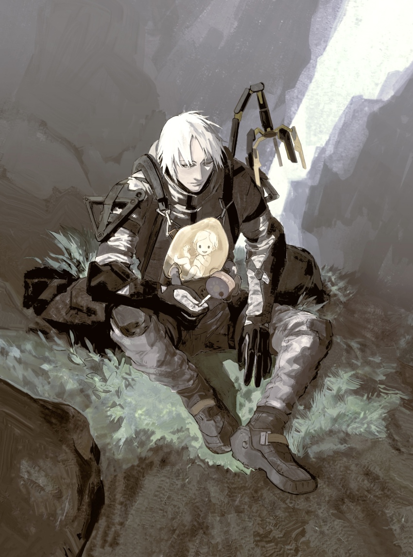 1boy 1girl absurdres baby babywearing bb-28 bb-28_(cosplay) black_gloves boots cosplay creator_connection death_stranding elbow_pads full_body gloves highres jumpsuit knee_pads linka_guo metal_gear_(series) metal_gear_solid_2:_sons_of_liberty metal_gear_solid_4:_guns_of_the_patriots nature odradek pale_skin raiden_(metal_gear) sam_porter_bridges sam_porter_bridges_(cosplay) sitting solo_focus sunny_emmerich white_hair