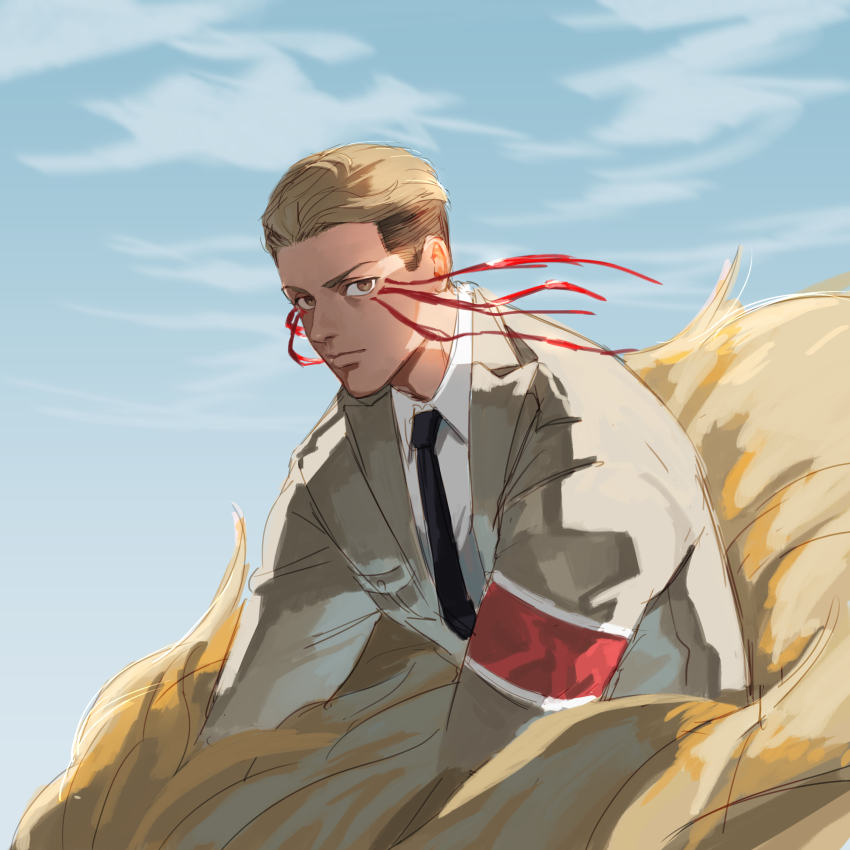 1boy absurdres armband black_necktie blue_background blue_sky brown_hair closed_mouth collared_shirt facial_mark grey_jacket highres jacket kogu_(nue_insideout) looking_at_viewer male_focus necktie outdoors porco_galliard red_armband riding shingeki_no_kyojin shirt short_hair sideburns sky solo undercut white_shirt