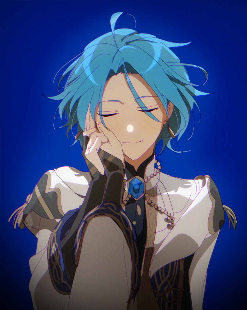 10gerine 1boy 1other anime_coloring bishounen black_bridal_gauntlets bloom blue_background blue_gemstone bridal_gauntlets brooch closed_eyes earrings ensemble_stars! eyes_visible_through_hair film_grain floating_earrings gem gradient_background hair_between_eyes hand_on_another&#039;s_cheek hand_on_another&#039;s_face happy highres himeru_(ensemble_stars!) jewelry light_smile male_focus pov radial_gradient_background short_hair side_part solo_focus split_mouth u_u upper_body