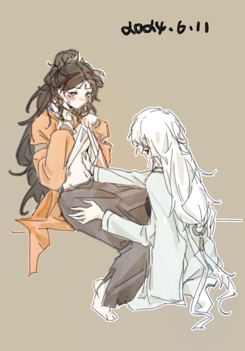 2girls between_legs blush breasts brown_background brown_eyes brown_hair brown_pants chinese_commentary clothes_lift commentary_request dated du_ruo_(path_to_nowhere) hand_on_another&#039;s_stomach hand_on_another&#039;s_thigh highres kneeling long_hair looking_at_another multiple_girls navel orange_robe pants path_to_nowhere robe shirt_lift simple_background sitting tooong4 underboob very_long_hair white_hair white_robe yao_(path_to_nowhere) yuri